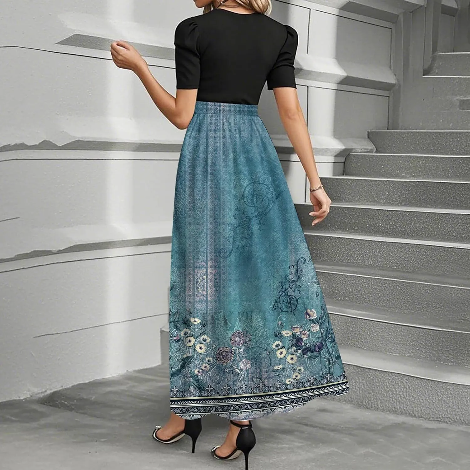 Floral Long Dresses for Women Summer Elegant Tie Patchwork Dress Empire Waist Short Sleeve Modest Flowy Maxi Dress