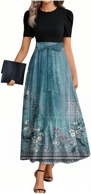 Floral Long Dresses for Women Summer Elegant Tie Patchwork Dress Empire Waist Short Sleeve Modest Flowy Maxi Dress