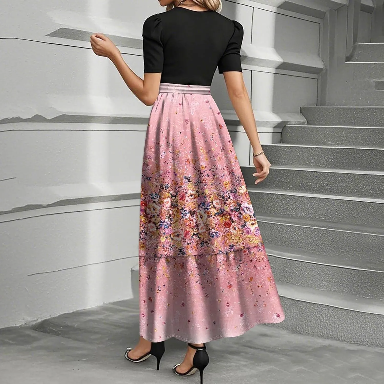 Floral Maxi Dress for Women Summer Crewneck Dressy Tie Waist Short Sleeve Fashion Beach Corset Long Dresses