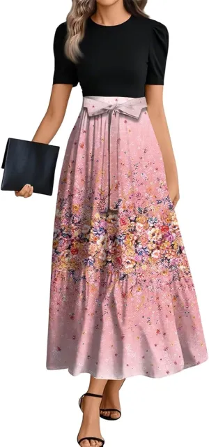Floral Maxi Dress for Women Summer Crewneck Dressy Tie Waist Short Sleeve Fashion Beach Corset Long Dresses