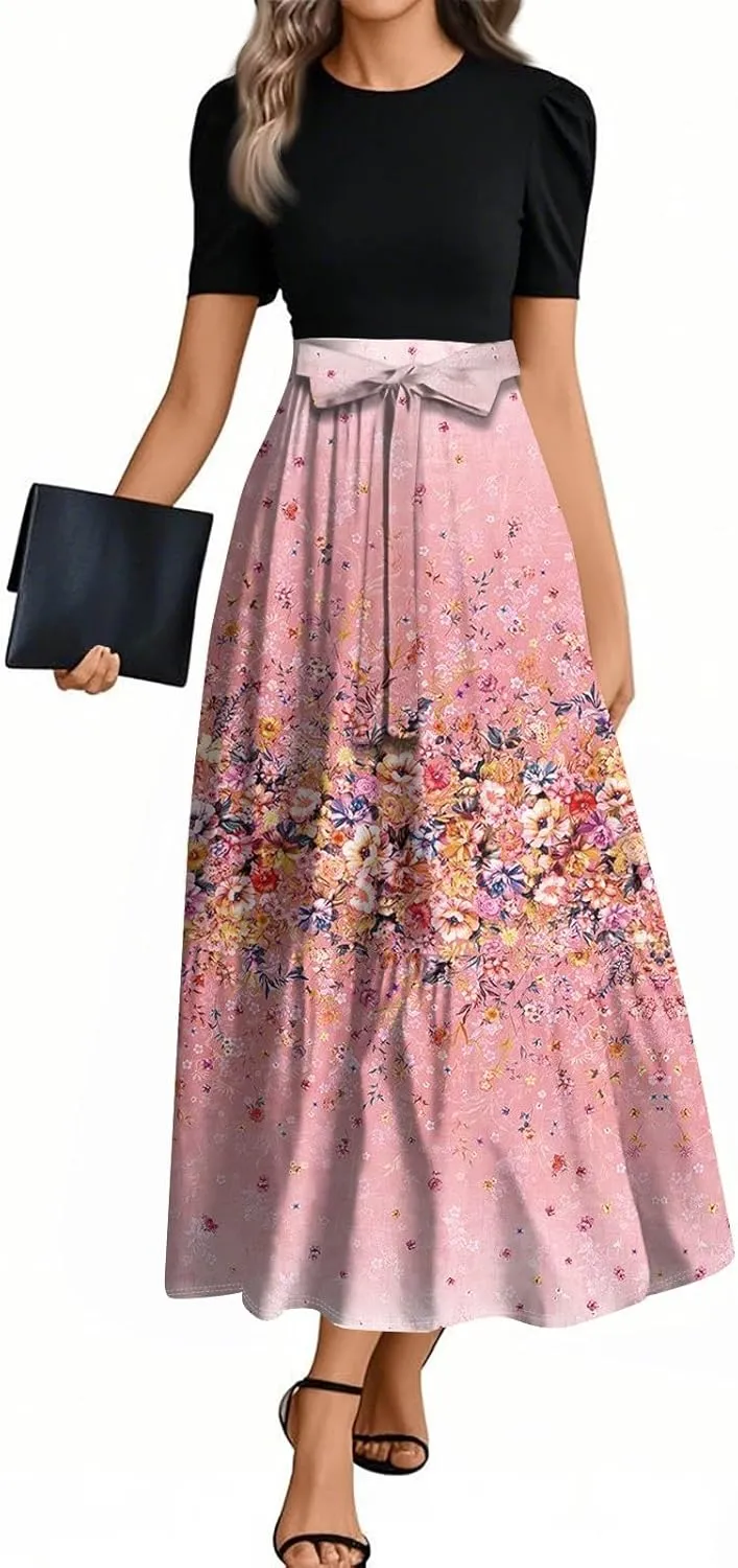 Floral Maxi Dress for Women Summer Crewneck Dressy Tie Waist Short Sleeve Fashion Beach Corset Long Dresses