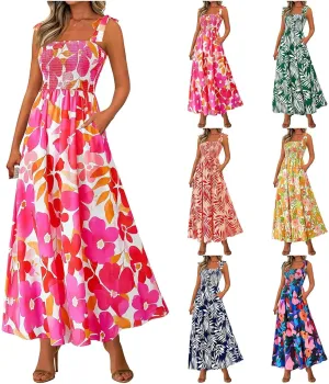 Floral Maxi Dresses for Women 2025 Casual Tie Shoulder Smocked Wrap Dress Flowy Square Neck Beach Vacation Sundresses
