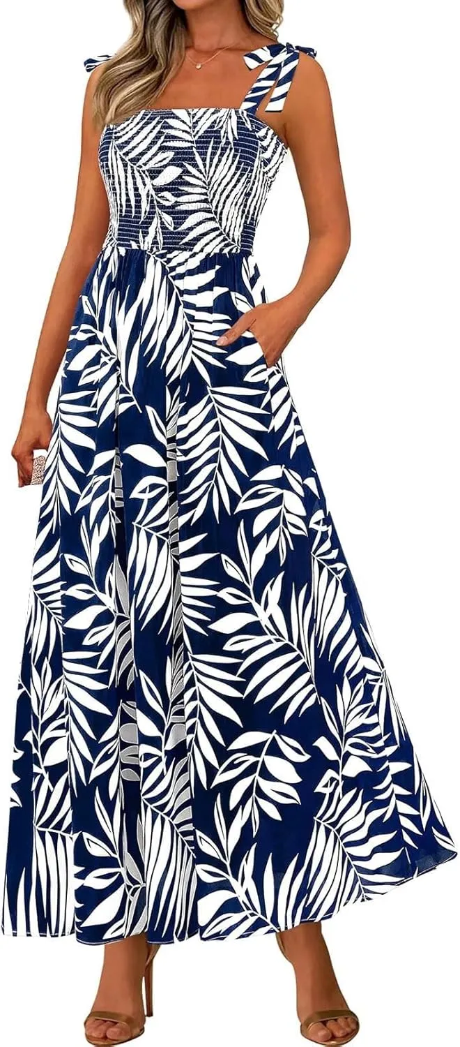 Floral Maxi Dresses for Women 2025 Casual Tie Shoulder Smocked Wrap Dress Flowy Square Neck Beach Vacation Sundresses