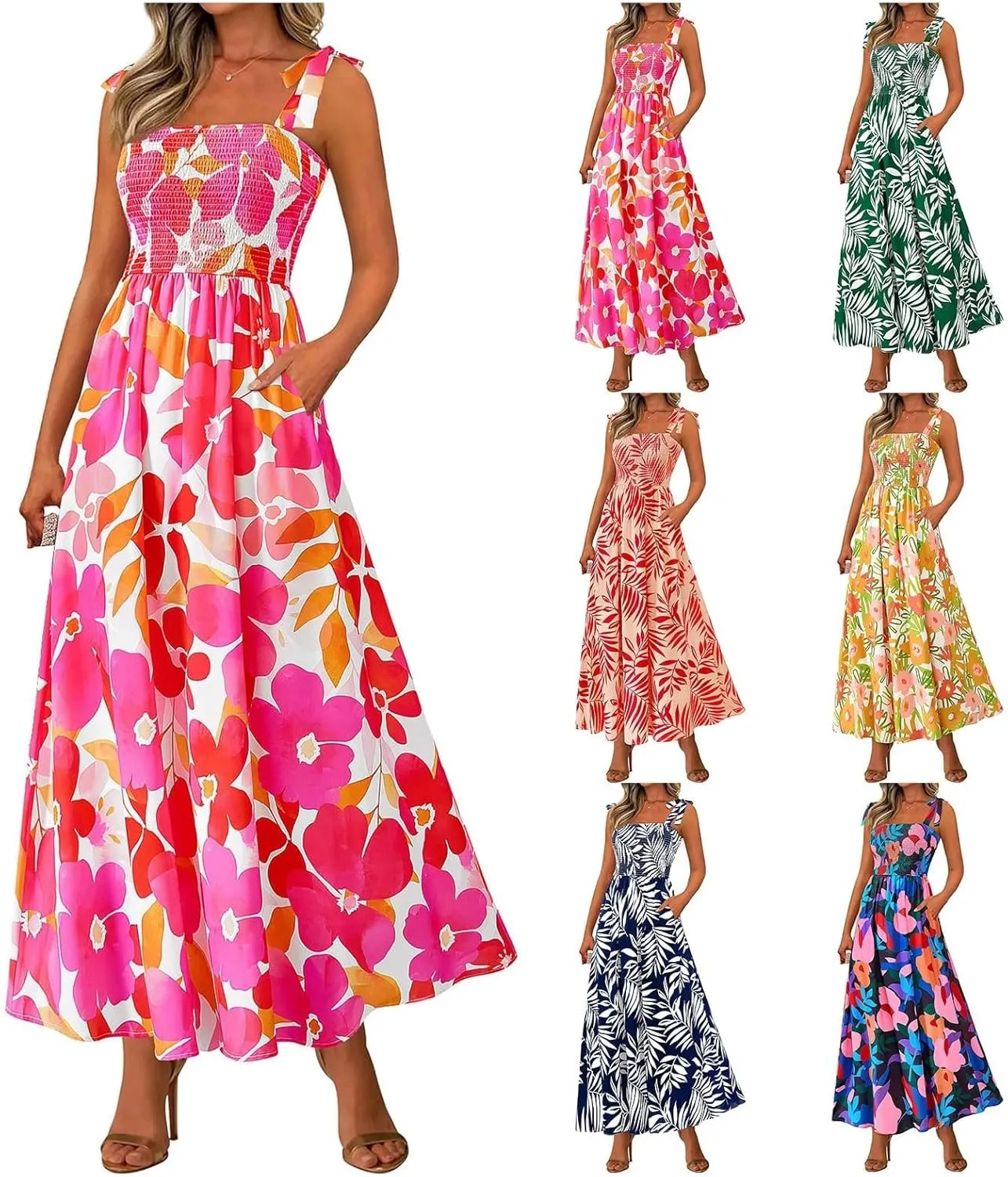 Floral Maxi Dresses for Women 2025 Casual Tie Shoulder Smocked Wrap Dress Flowy Square Neck Beach Vacation Sundresses