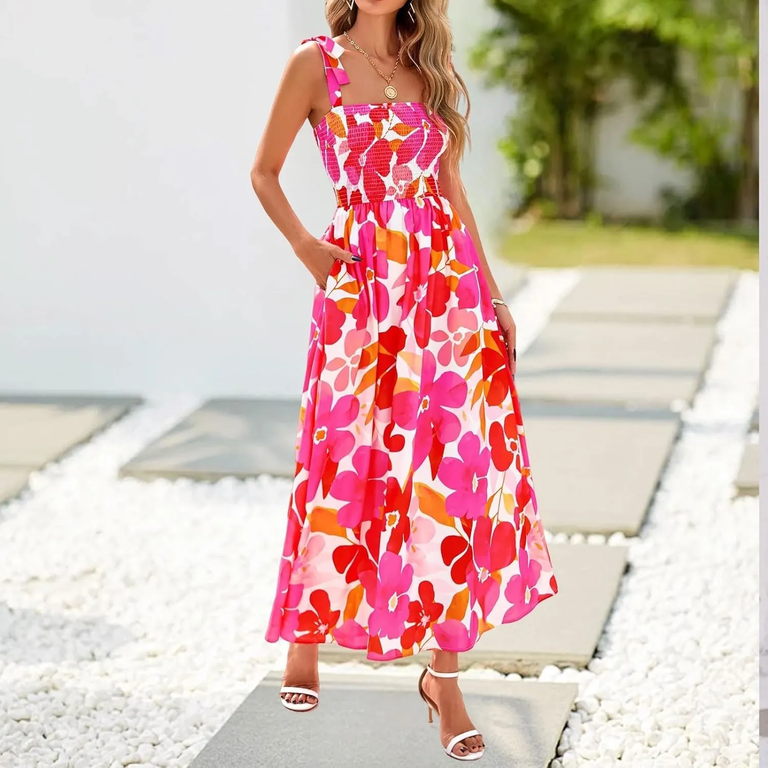 Floral Maxi Dresses for Women 2025 Casual Tie Shoulder Smocked Wrap Dress Flowy Square Neck Beach Vacation Sundresses