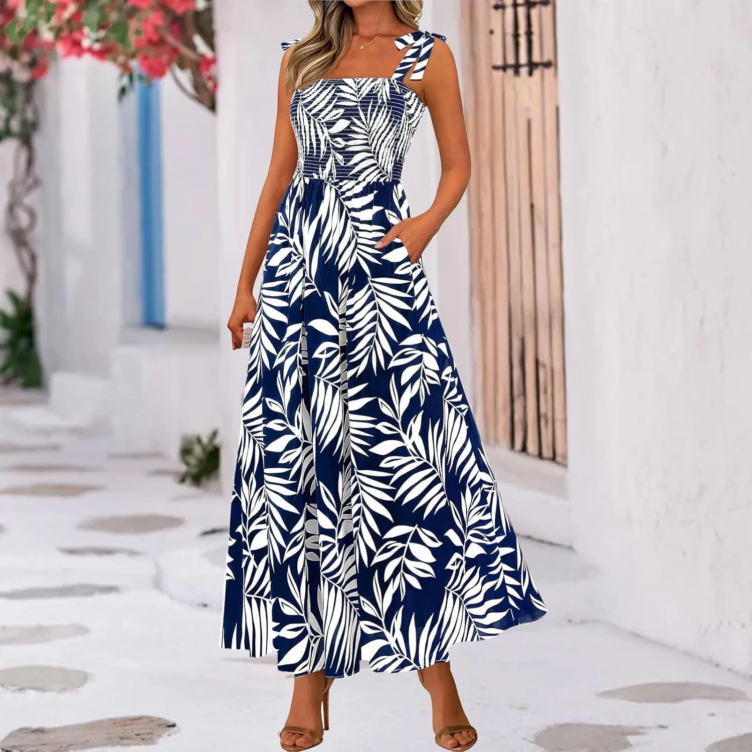 Floral Maxi Dresses for Women 2025 Casual Tie Shoulder Smocked Wrap Dress Flowy Square Neck Beach Vacation Sundresses