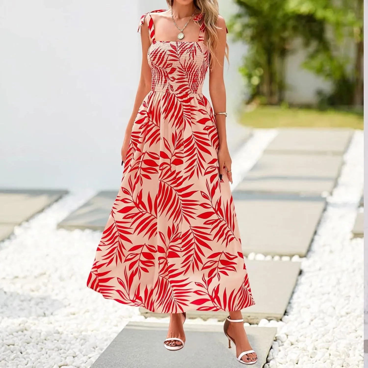 Floral Maxi Dresses for Women 2025 Casual Tie Shoulder Smocked Wrap Dress Flowy Square Neck Beach Vacation Sundresses