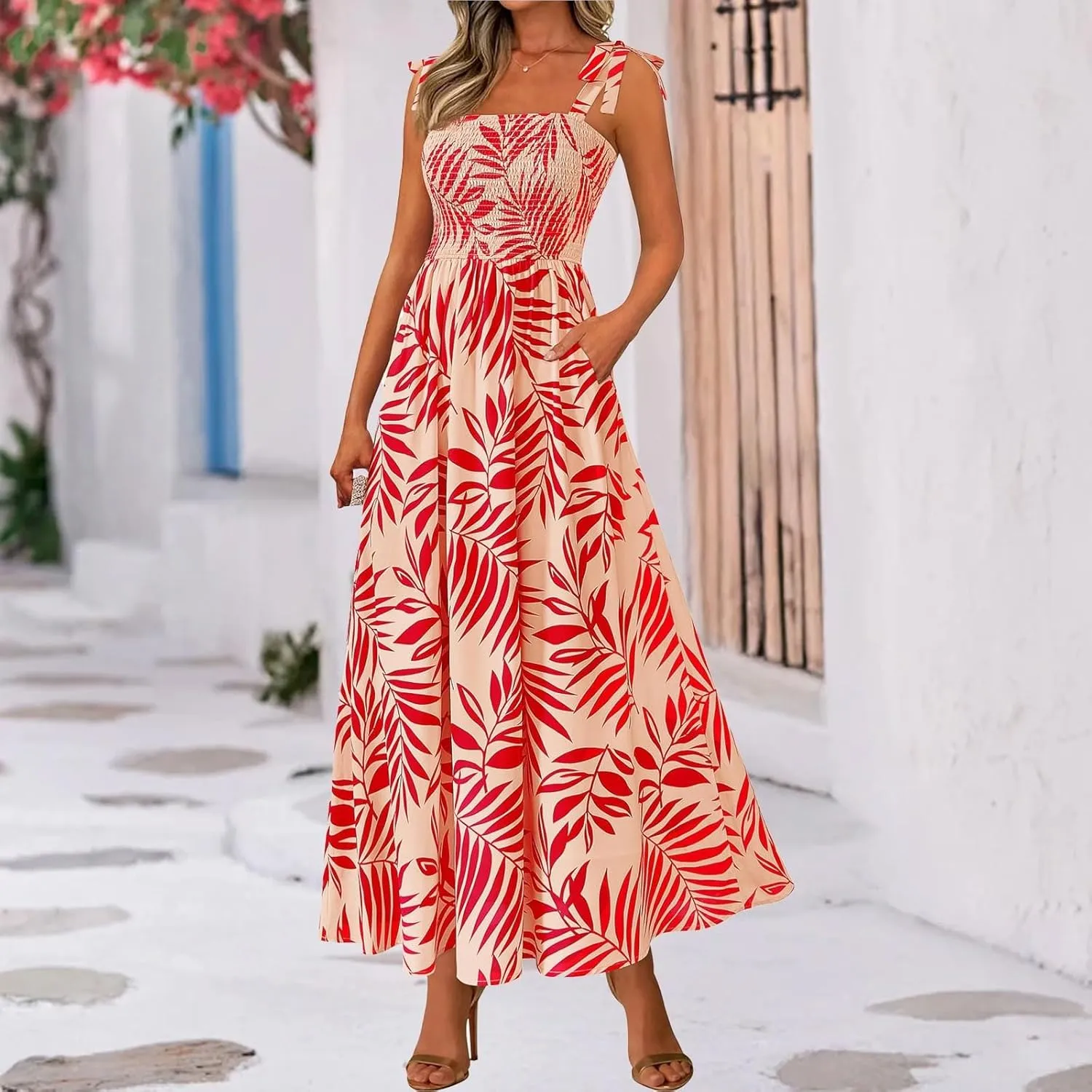 Floral Maxi Dresses for Women 2025 Casual Tie Shoulder Smocked Wrap Dress Flowy Square Neck Beach Vacation Sundresses