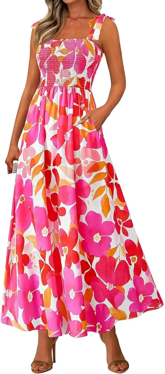 Floral Maxi Dresses for Women 2025 Casual Tie Shoulder Smocked Wrap Dress Flowy Square Neck Beach Vacation Sundresses