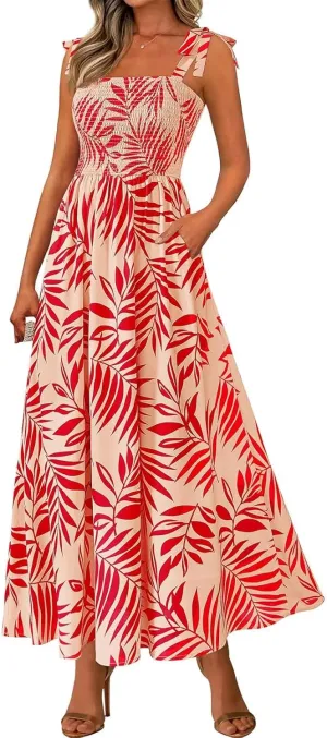 Floral Maxi Dresses for Women 2025 Casual Tie Shoulder Smocked Wrap Dress Flowy Square Neck Beach Vacation Sundresses