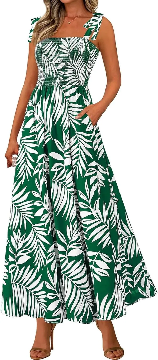 Floral Maxi Dresses for Women 2025 Casual Tie Shoulder Smocked Wrap Dress Flowy Square Neck Beach Vacation Sundresses