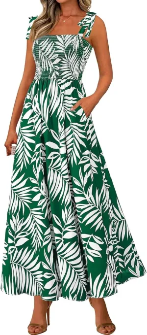 Floral Maxi Dresses for Women 2025 Casual Tie Shoulder Smocked Wrap Dress Flowy Square Neck Beach Vacation Sundresses
