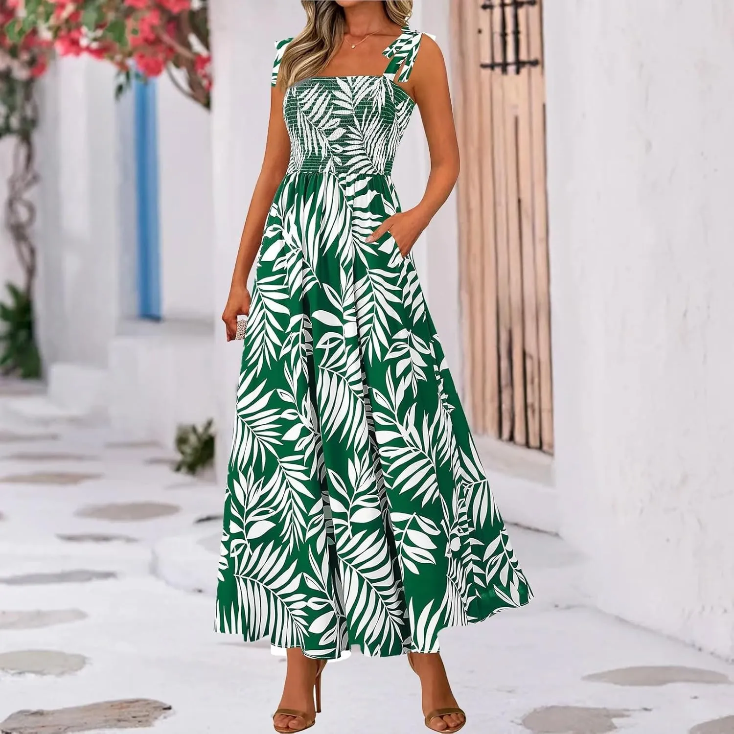 Floral Maxi Dresses for Women 2025 Casual Tie Shoulder Smocked Wrap Dress Flowy Square Neck Beach Vacation Sundresses