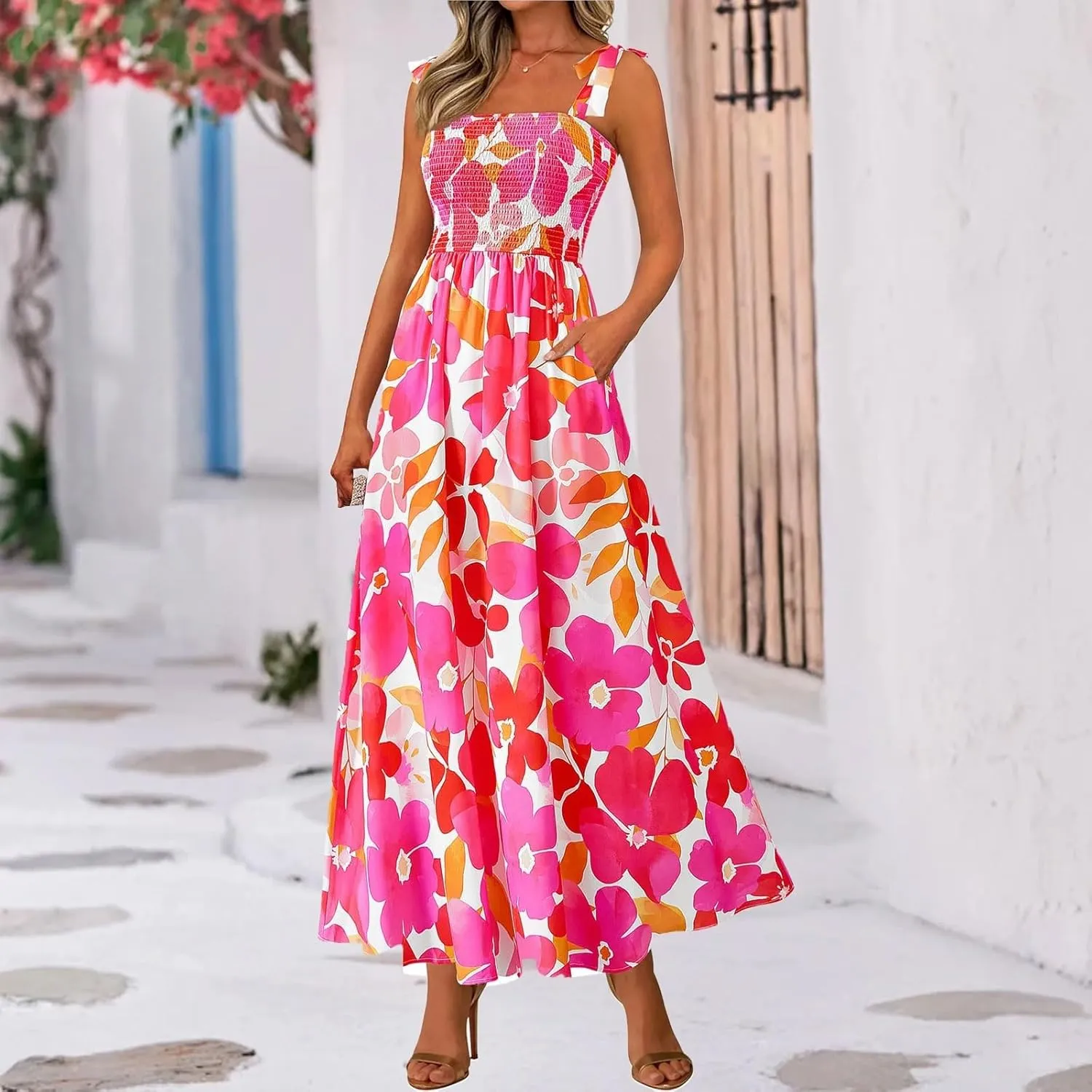 Floral Maxi Dresses for Women 2025 Casual Tie Shoulder Smocked Wrap Dress Flowy Square Neck Beach Vacation Sundresses