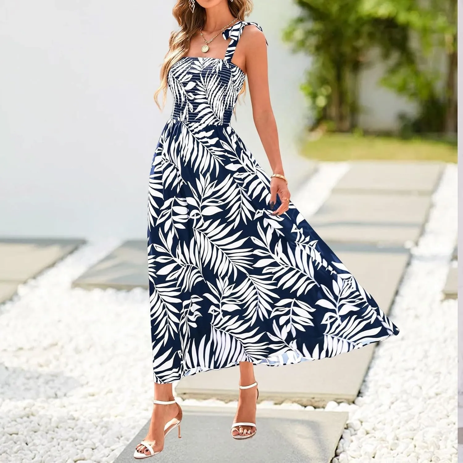 Floral Maxi Dresses for Women 2025 Casual Tie Shoulder Smocked Wrap Dress Flowy Square Neck Beach Vacation Sundresses