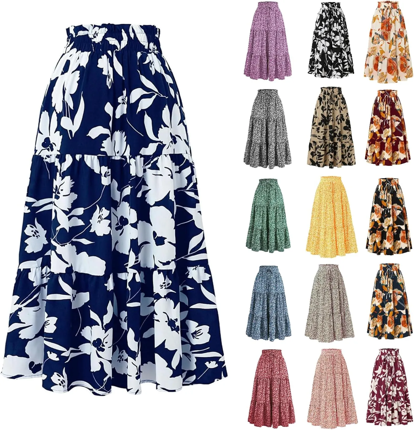 Floral Maxi Skirts for Women 2025 Summer Comfy Tiered Elastic High Waisted Skorts Vacation Flowy Swing Long Dress