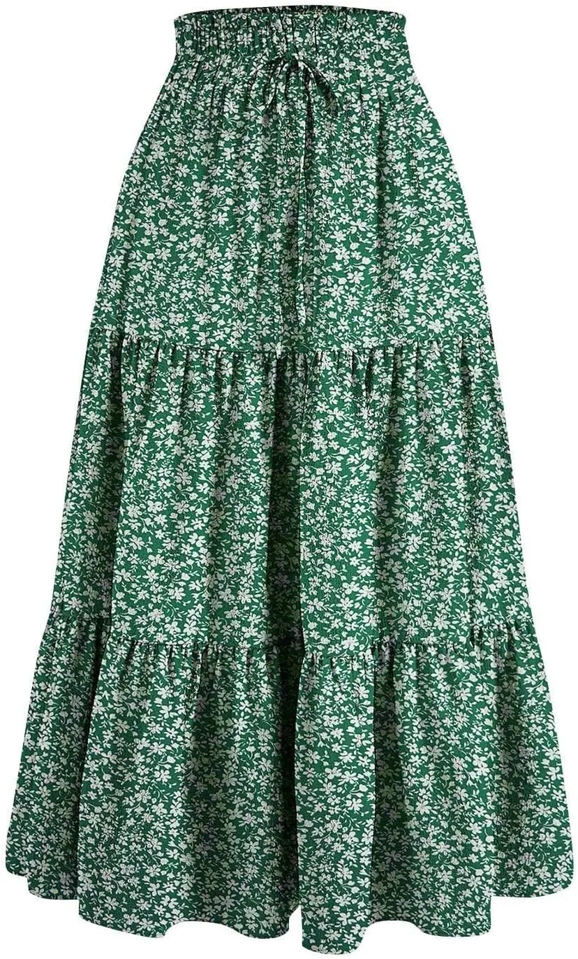 Floral Maxi Skirts for Women 2025 Summer Comfy Tiered Elastic High Waisted Skorts Vacation Flowy Swing Long Dress