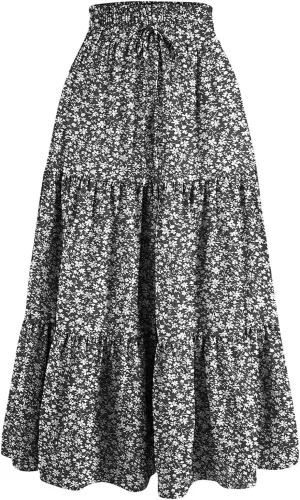 Floral Maxi Skirts for Women 2025 Summer Comfy Tiered Elastic High Waisted Skorts Vacation Flowy Swing Long Dress