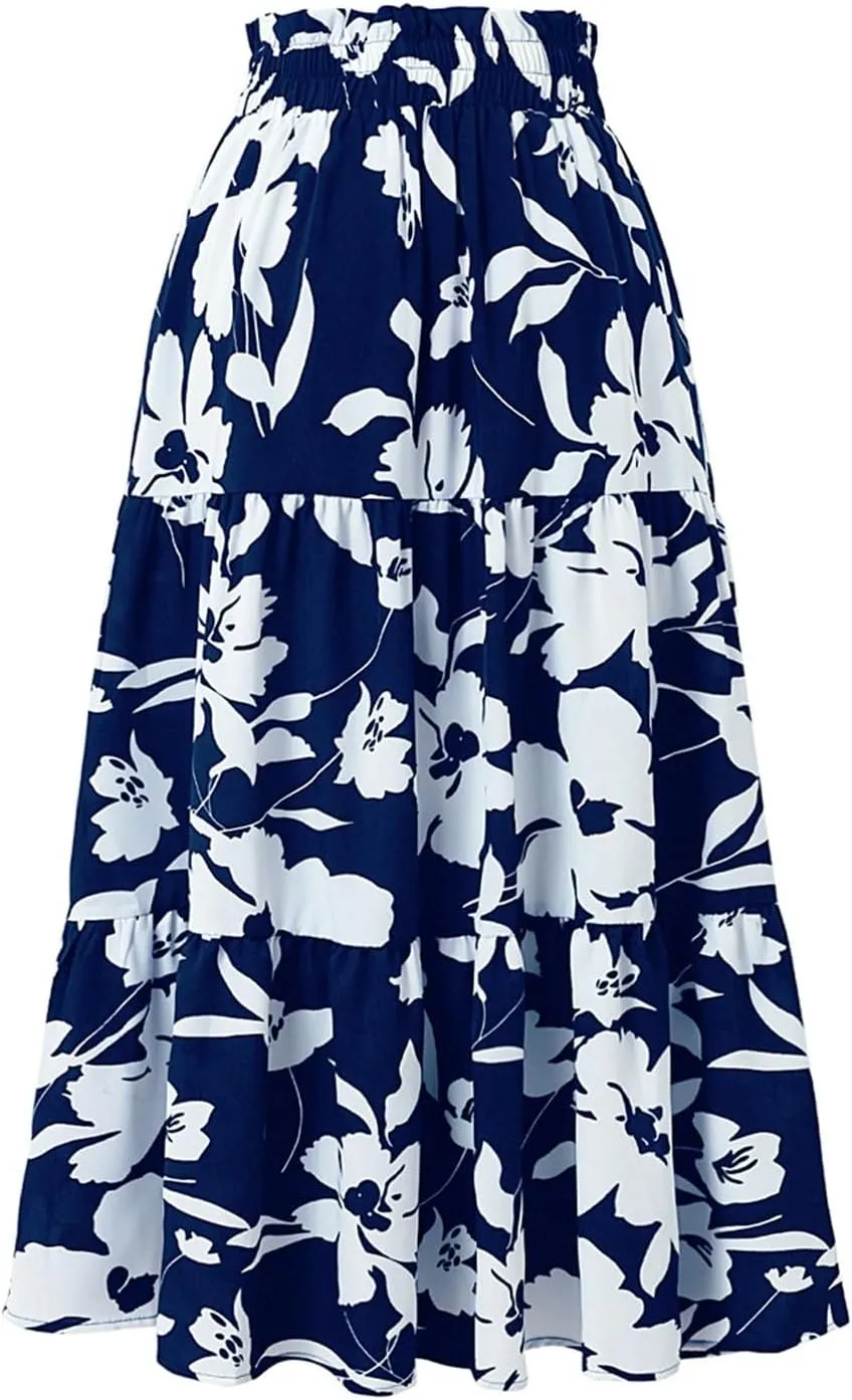 Floral Maxi Skirts for Women 2025 Summer Comfy Tiered Elastic High Waisted Skorts Vacation Flowy Swing Long Dress