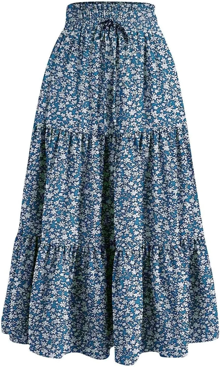 Floral Maxi Skirts for Women 2025 Summer Comfy Tiered Elastic High Waisted Skorts Vacation Flowy Swing Long Dress