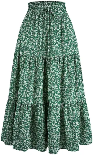 Floral Maxi Skirts for Women 2025 Summer Comfy Tiered Elastic High Waisted Skorts Vacation Flowy Swing Long Dress