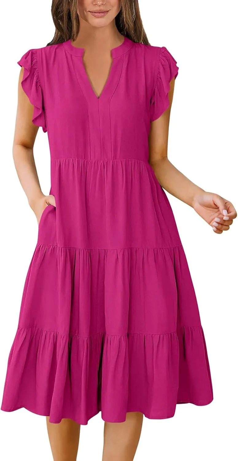 Flutter Sleeve Dress for Women V Neck Pleated Tiered Flowy Dress Summer Boho Beach A Line Midi Dresses with Pockets