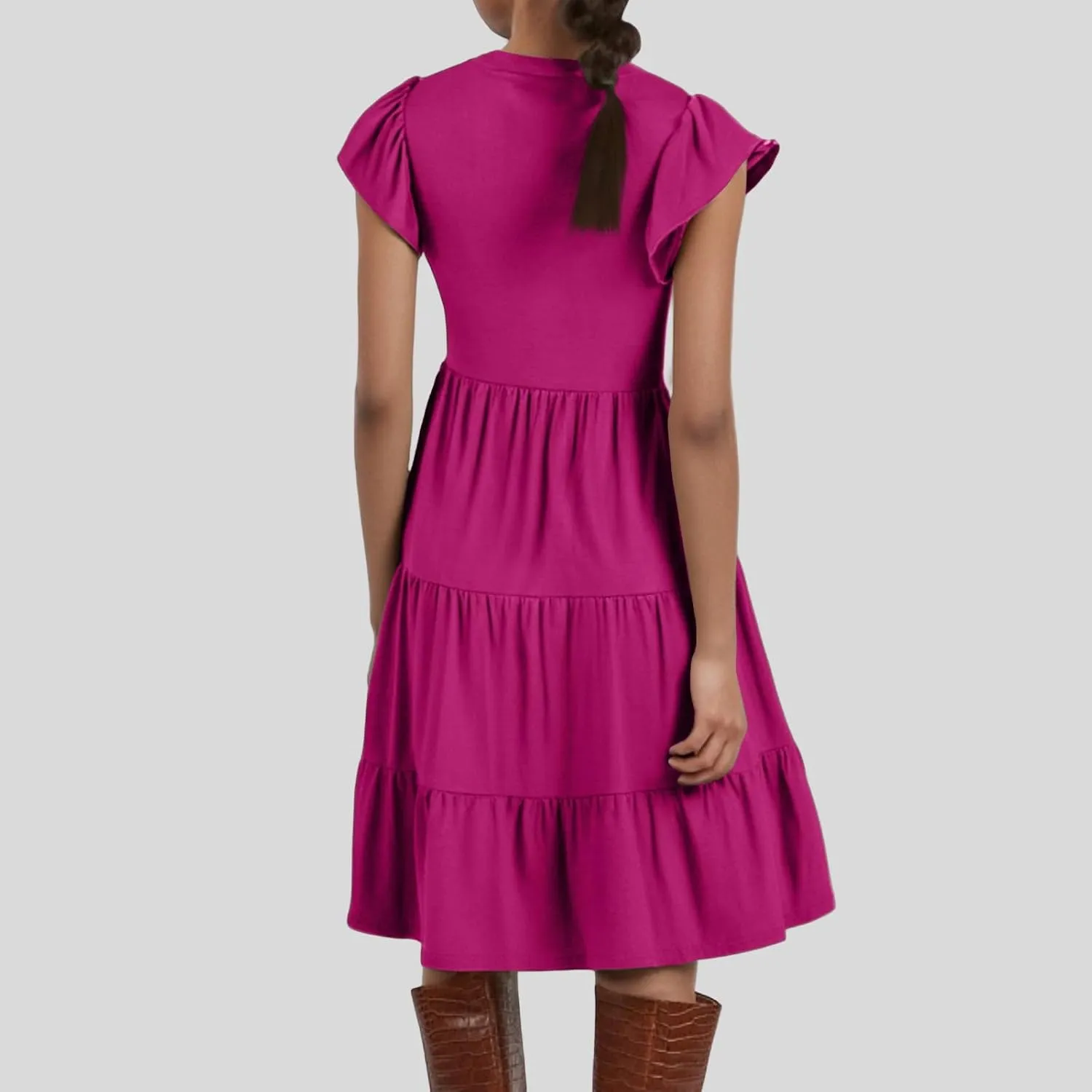 Flutter Sleeve Dress for Women V Neck Pleated Tiered Flowy Dress Summer Boho Beach A Line Midi Dresses with Pockets