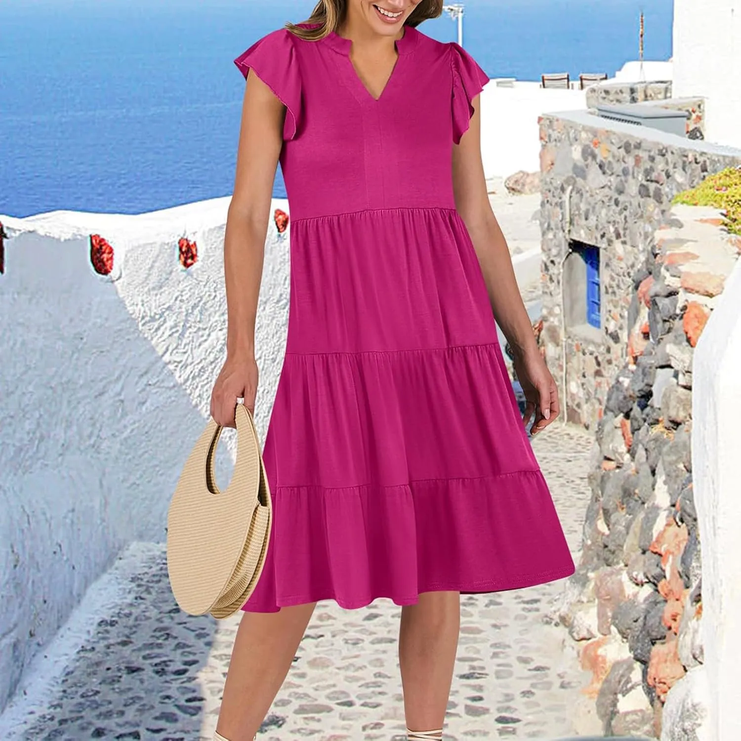 Flutter Sleeve Dress for Women V Neck Pleated Tiered Flowy Dress Summer Boho Beach A Line Midi Dresses with Pockets
