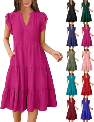 Flutter Sleeve Dress for Women V Neck Pleated Tiered Flowy Dress Summer Boho Beach A Line Midi Dresses with Pockets