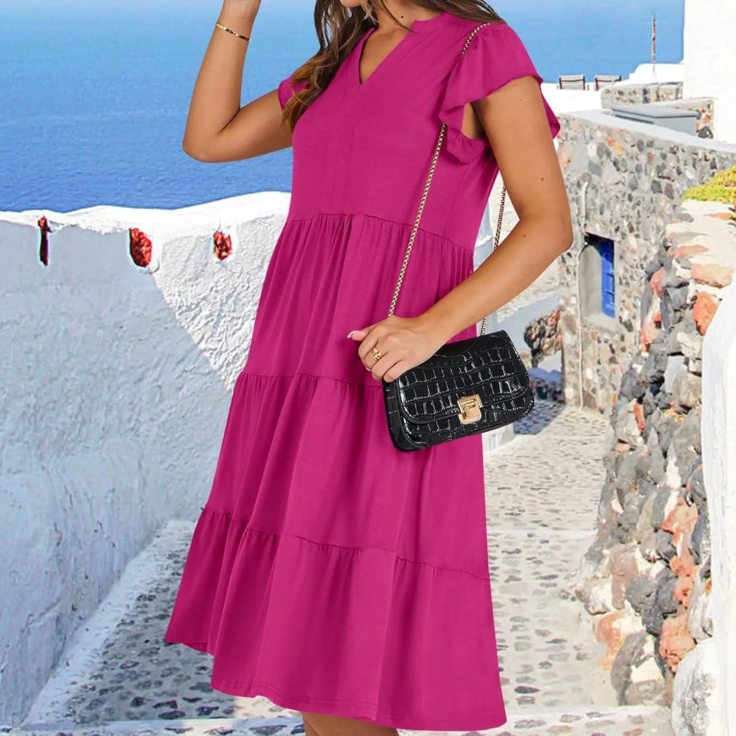 Flutter Sleeve Dress for Women V Neck Pleated Tiered Flowy Dress Summer Boho Beach A Line Midi Dresses with Pockets