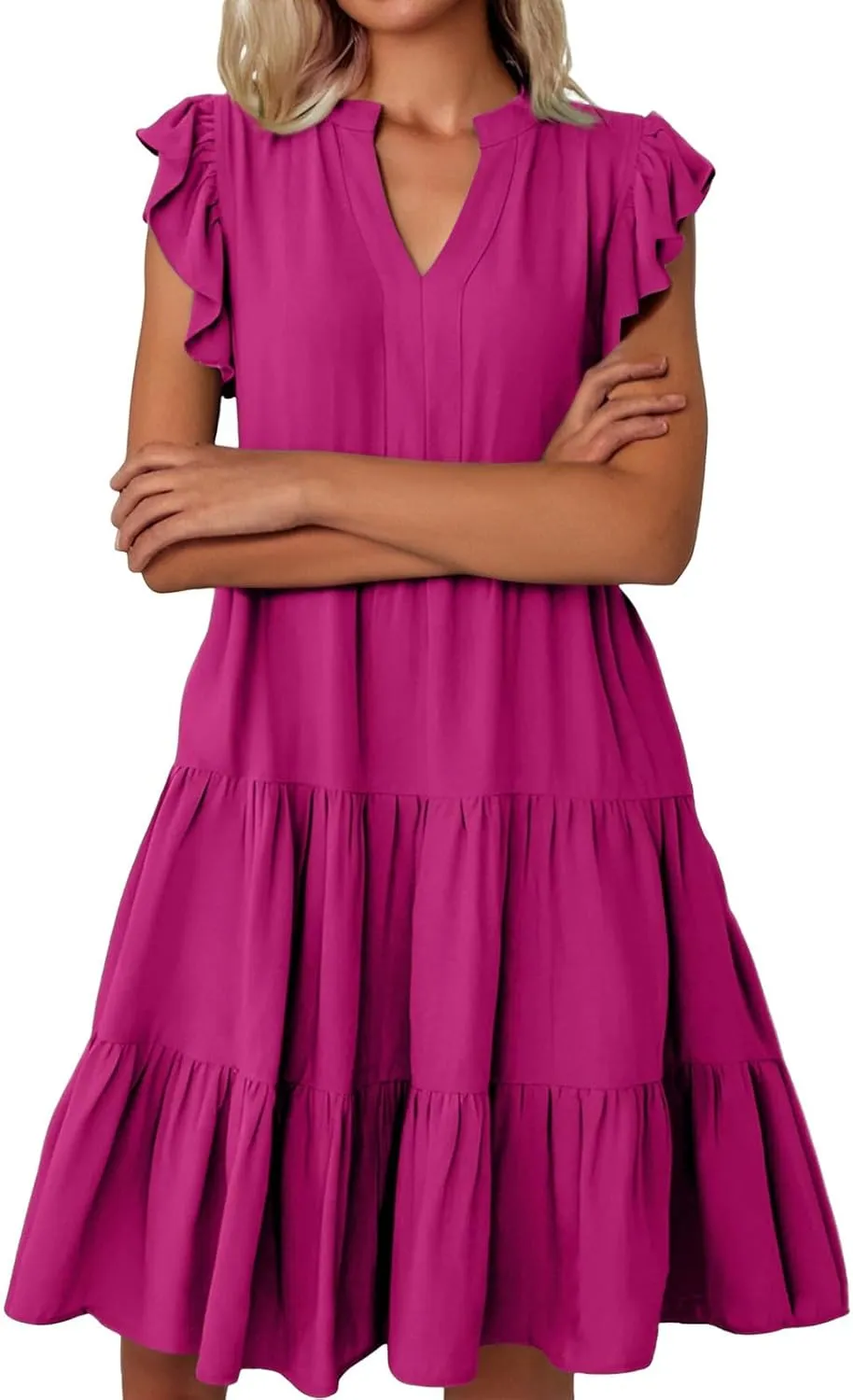 Flutter Sleeve Dress for Women V Neck Pleated Tiered Flowy Dress Summer Boho Beach A Line Midi Dresses with Pockets