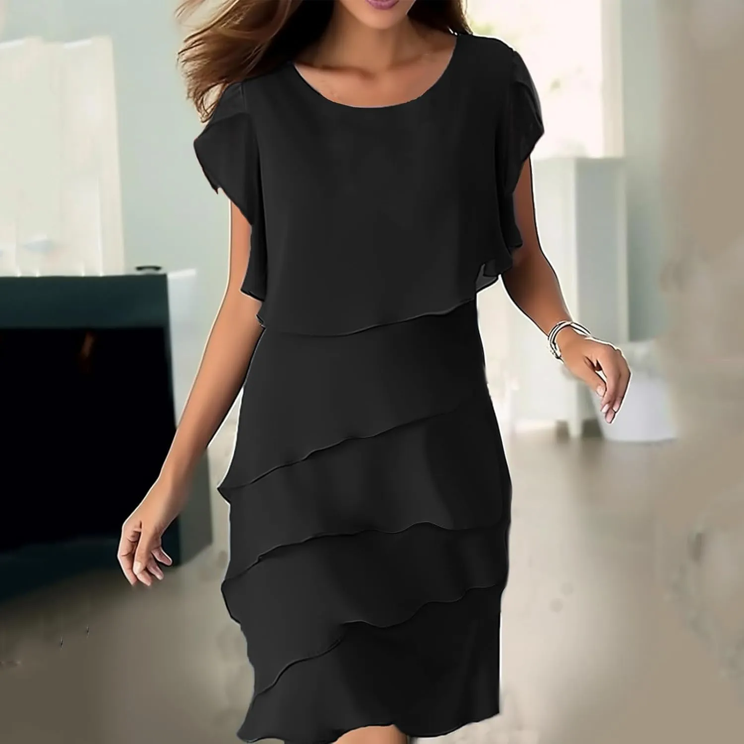 Formal Dresses for Women Chiffon Casual Summer Midi Dress Fashion Tiered Layered Party Dress Plus Size Women Dresses