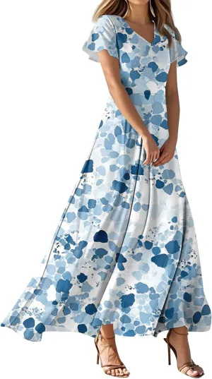 Formal Dresses for Women,Women's Loose Casual V-Neck Short Sleeved High Waisted Print Chiffon Dress