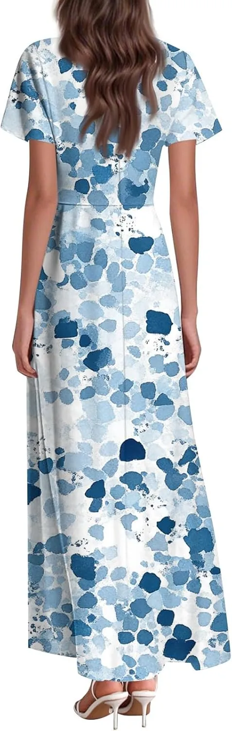 Formal Dresses for Women,Women's Loose Casual V-Neck Short Sleeved High Waisted Print Chiffon Dress
