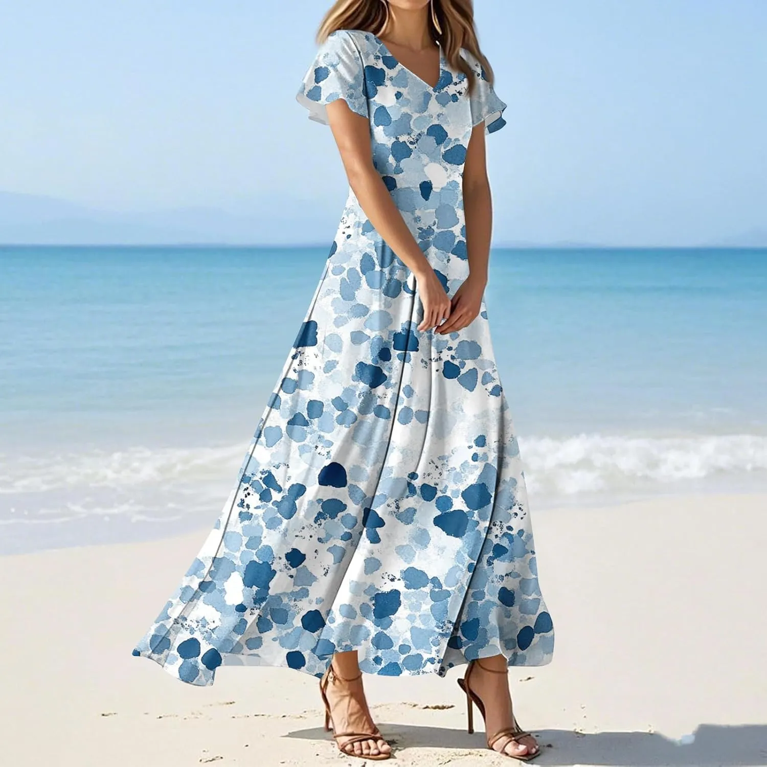 Formal Dresses for Women,Women's Loose Casual V-Neck Short Sleeved High Waisted Print Chiffon Dress