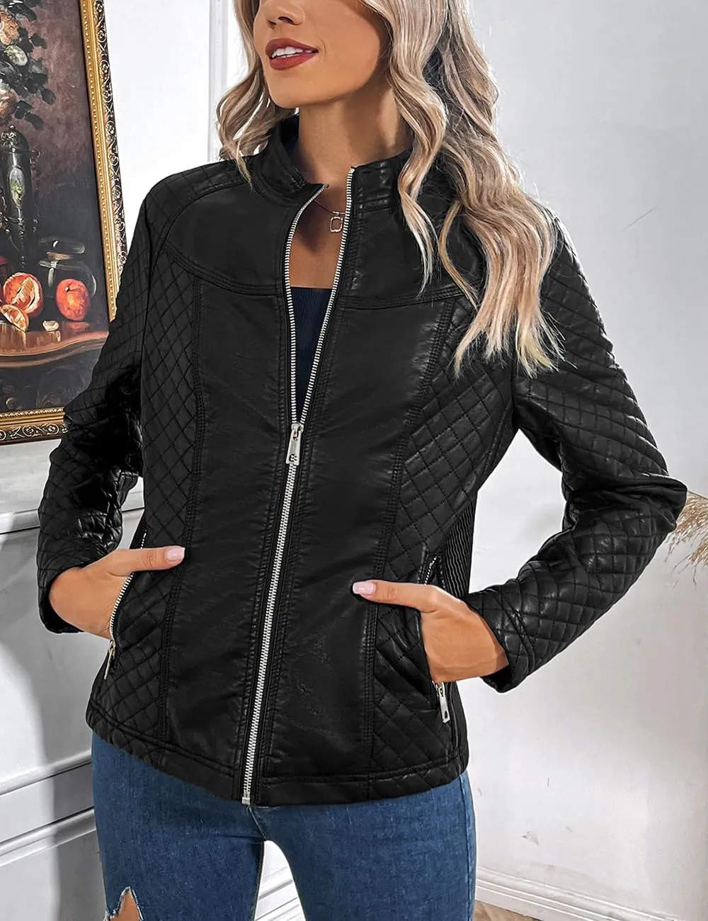 Geschallino Women's Faux Leather Jacket Spring Fall Clothes Trendy Motorcycle Biker Coat