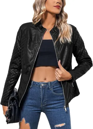 Geschallino Women's Faux Leather Jacket Spring Fall Clothes Trendy Motorcycle Biker Coat