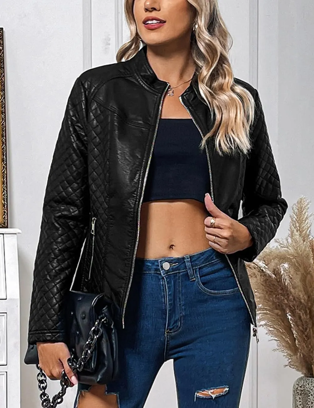 Geschallino Women's Faux Leather Jacket Spring Fall Clothes Trendy Motorcycle Biker Coat