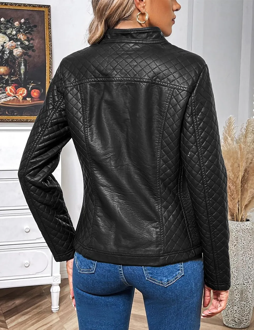 Geschallino Women's Faux Leather Jacket Spring Fall Clothes Trendy Motorcycle Biker Coat