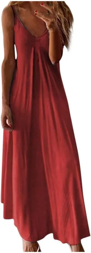 GOKKILRW Sundresses for Women Casual Beach 2024 Elegant V Neck Spaghetti Strap Sleeveless Loose Vacation Summer Maxi Dress