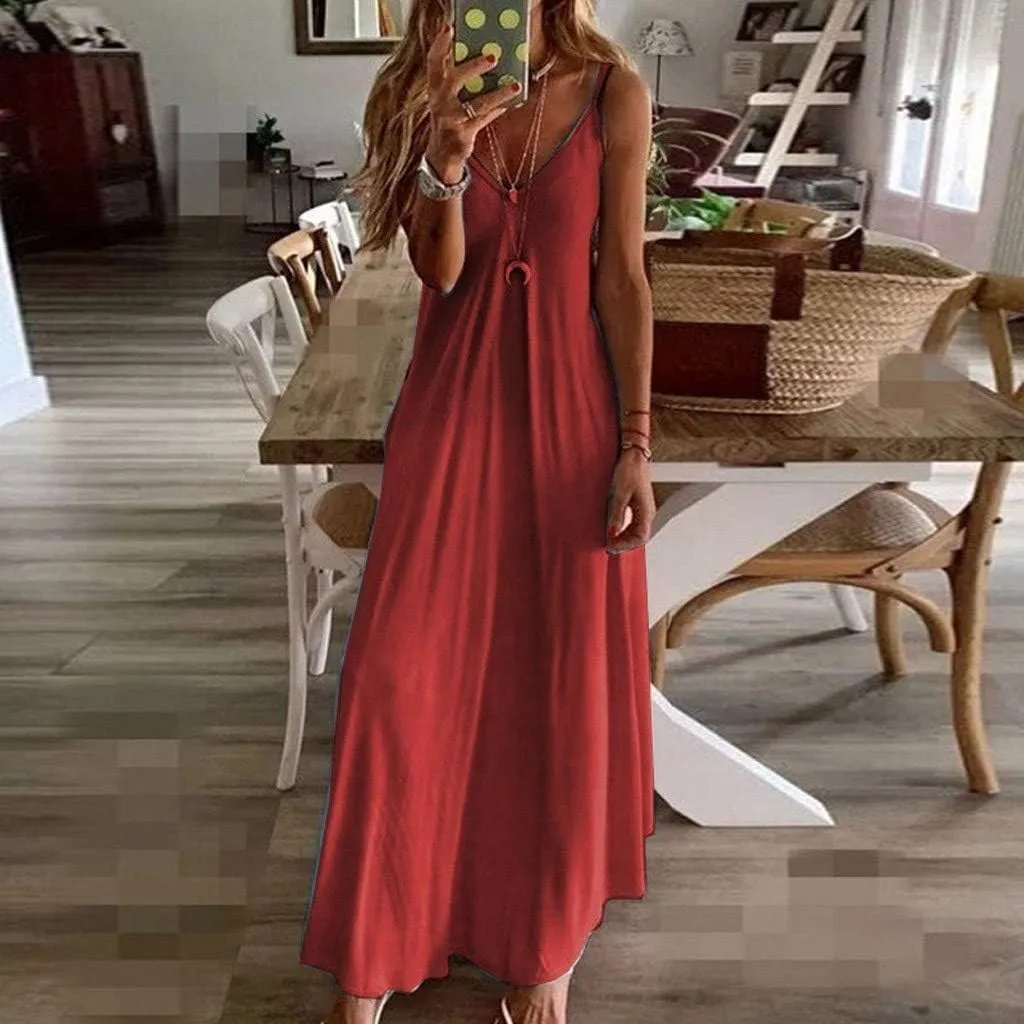 GOKKILRW Sundresses for Women Casual Beach 2024 Elegant V Neck Spaghetti Strap Sleeveless Loose Vacation Summer Maxi Dress