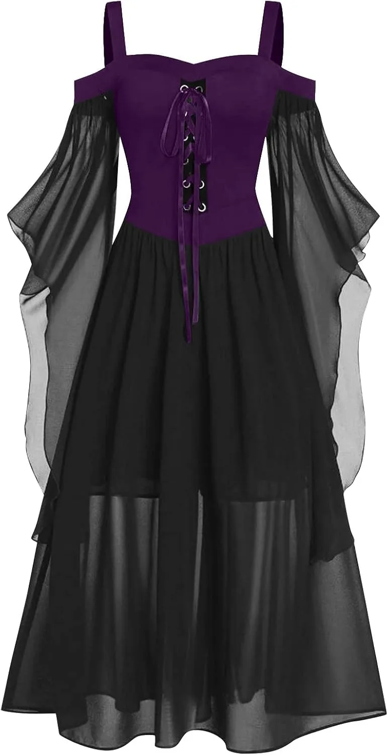 Goth Dress for Women 2025 Retro Cocktail Batwing Halloween Evening Fashion Plus Size Renaissance Medieval Dress