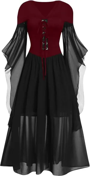 Goth Dress for Women 2025 Retro Cocktail Batwing Halloween Evening Fashion Plus Size Renaissance Medieval Dress