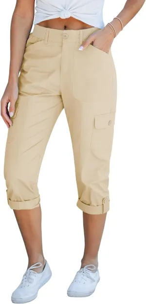 GRAPENT Cargo Capri Pants for Women High Waisted Relaxed Fit Elastic Knit Waist Casual Capris Trousers Cropped Pants