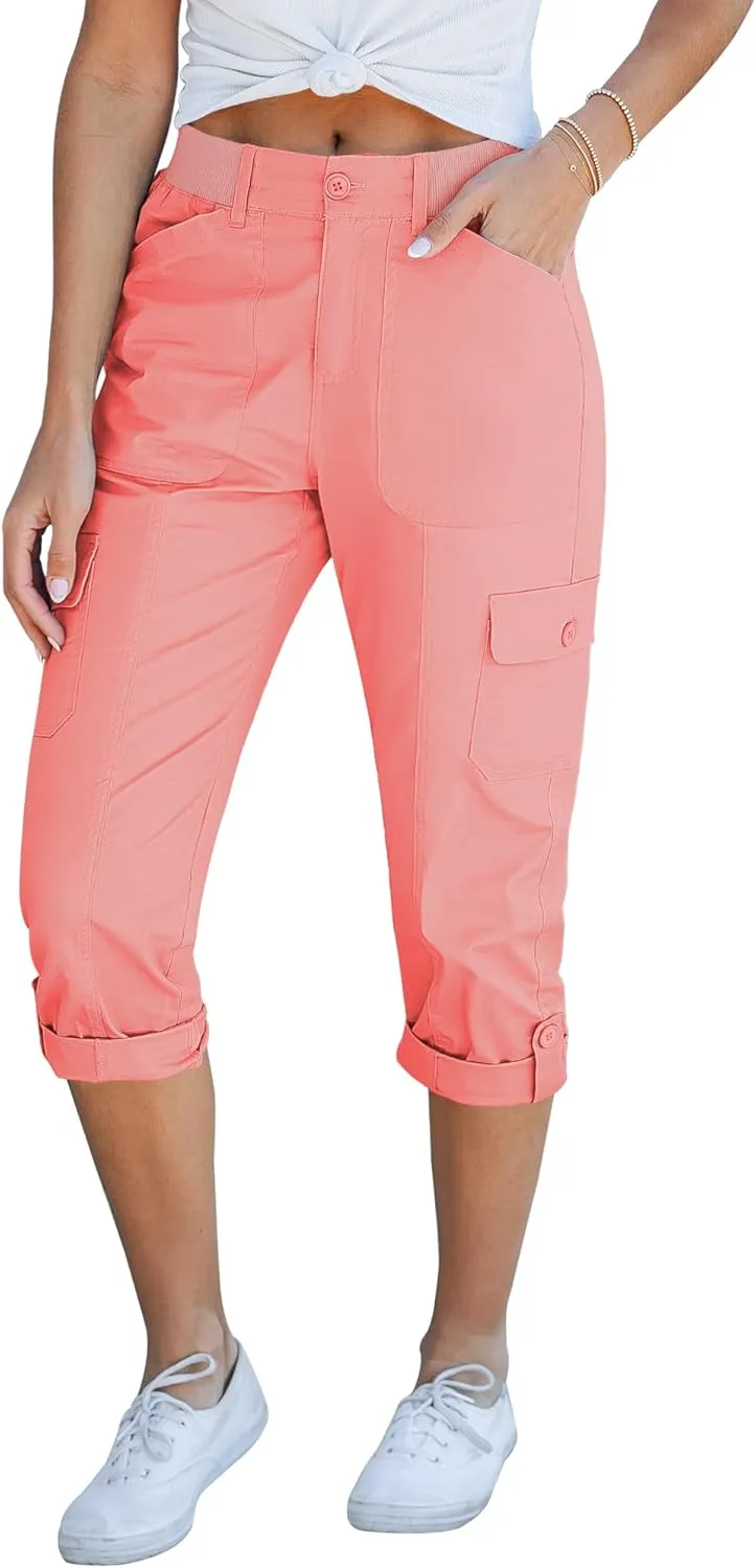 GRAPENT Cargo Capri Pants for Women High Waisted Relaxed Fit Elastic Knit Waist Casual Capris Trousers Cropped Pants