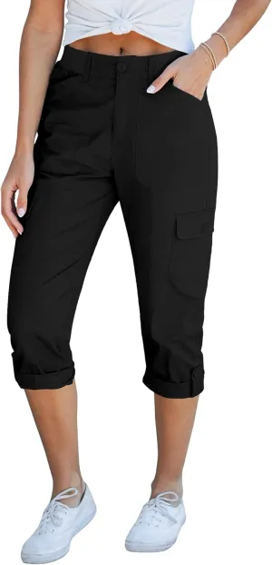 GRAPENT Cargo Capri Pants for Women High Waisted Relaxed Fit Elastic Knit Waist Casual Capris Trousers Cropped Pants