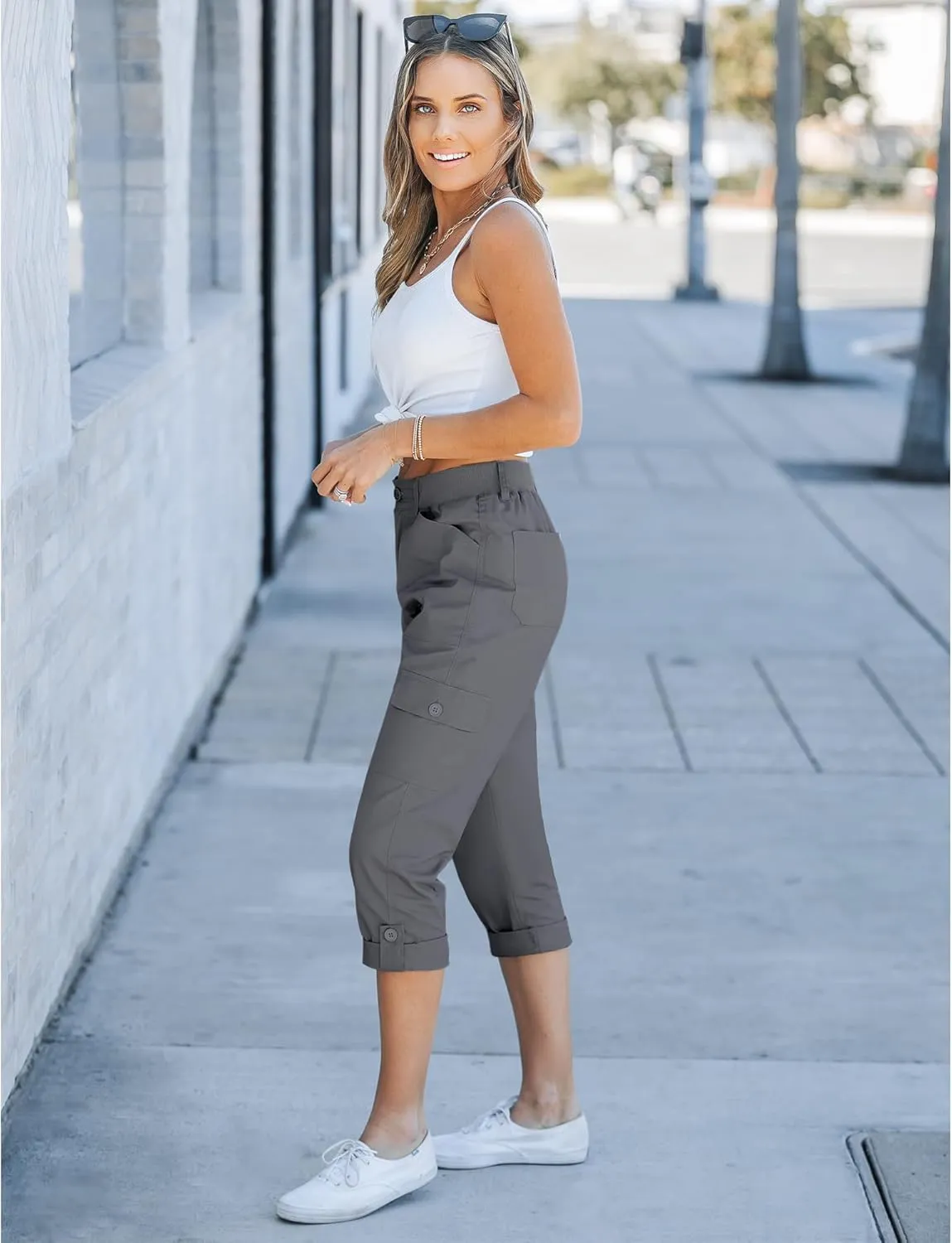 GRAPENT Cargo Capri Pants for Women High Waisted Relaxed Fit Elastic Knit Waist Casual Capris Trousers Cropped Pants