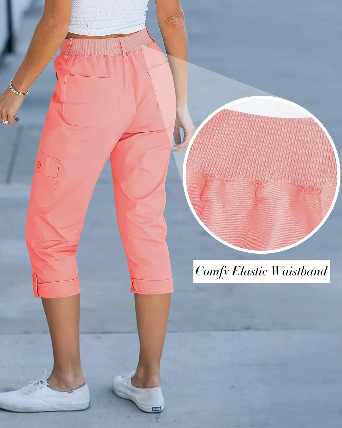 GRAPENT Cargo Capri Pants for Women High Waisted Relaxed Fit Elastic Knit Waist Casual Capris Trousers Cropped Pants