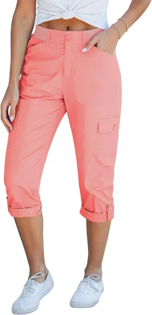 GRAPENT Cargo Capri Pants for Women High Waisted Relaxed Fit Elastic Knit Waist Casual Capris Trousers Cropped Pants