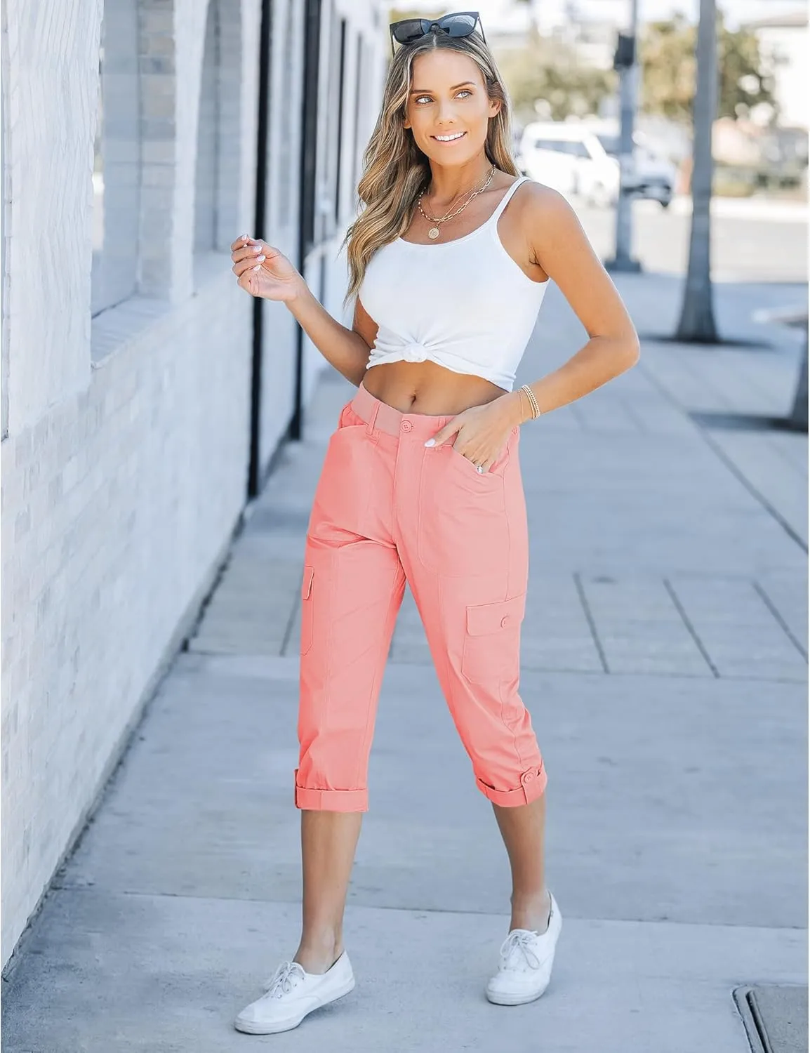 GRAPENT Cargo Capri Pants for Women High Waisted Relaxed Fit Elastic Knit Waist Casual Capris Trousers Cropped Pants